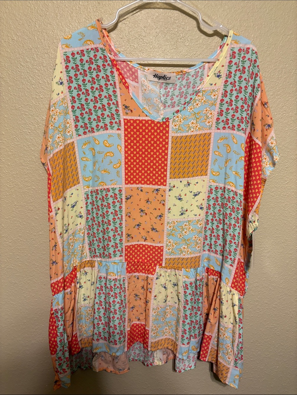 Patchwork Floral Short Sleeve Peplum Top - Multicolor